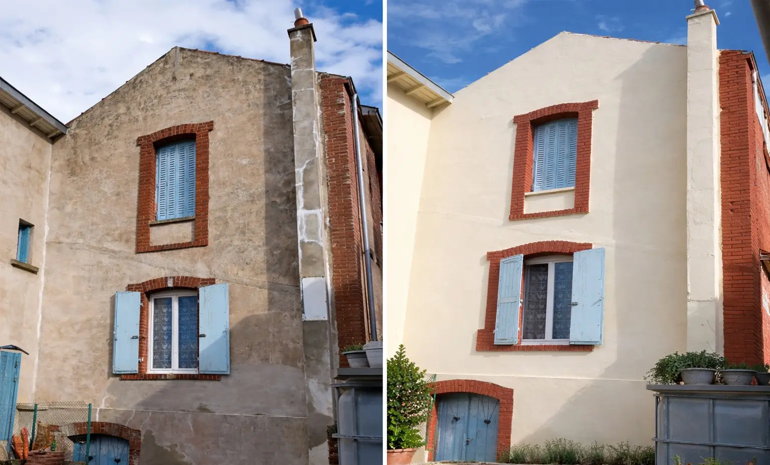 Pignon de maison avant et après reprise : enduit dégradé et fissuré à gauche, enduit neuf de teinte claire à droite, encadrements en brique conservés
