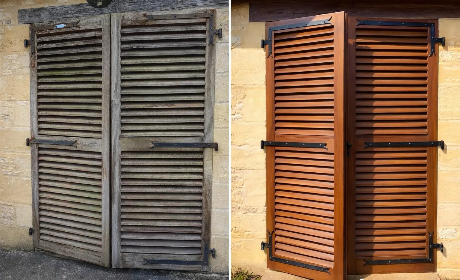 Volets de grange en bois, délavés avant travaux et remis en finition bois après